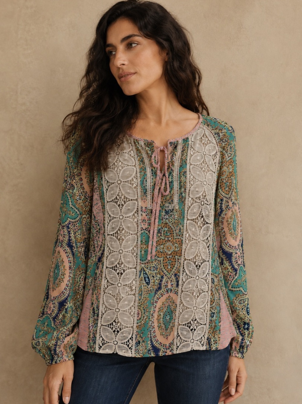 Anthropologie Meadow Rue Giada Paisley Crochet Lace Peasant Blouse M Boho